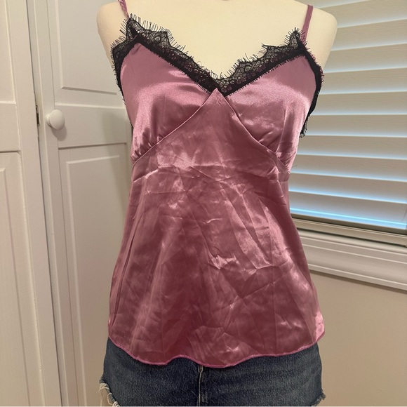 Vintage Women's Y2K Pink Satin black Lace Trim cami - Picture 7 of 8